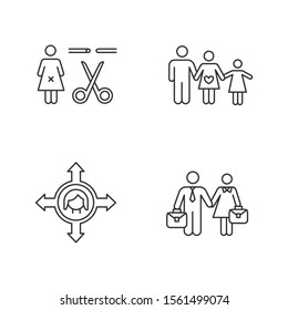 Gender Equality Linear Icons Set. Forced Sterilization. Woman's Freedom Of Movement. Employment. Family Planning. Thin Line Contour Symbols. Isolated Vector Outline Illustrations. Editable Stroke