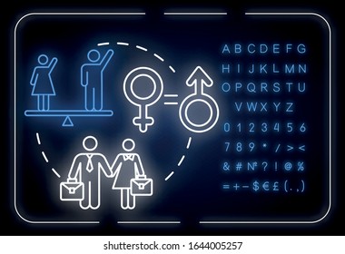 Gender equality neon light concept icon. Womens empowerment. Human rights. Feminist movement idea. Outer glowing sign with alphabet, numbers and symbols. Vector isolated RGB color illustration