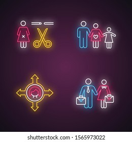 Gender Equality Neon Light Icons Set. Forced Sterilization. Woman's Freedom Of Movement. Employment For Woman, Man. Family Planning. Couple Relationship. Glowing Signs. Vector Isolated Illustrations