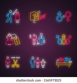 Gender Equality Neon Light Icons Set. Violance Against Woman. Gender Stereotypes. Bride Price. Forced Sterilization. Politic Rights. Female Abuse. Glowing Signs. Vector Isolated Illustrations