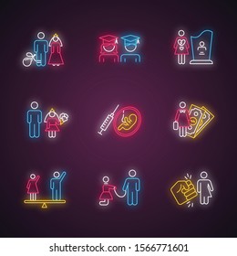 Gender equality neon light icons set. Forced marriage. Education equality. Maternity mortality. Child marriage. Economic activity. Violance against trans. Glowing signs. Vector isolated illustrations