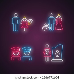 Gender equality neon light icons set. Child marriage. Education equality. Forced marriage. College graduate. Maternal mortality. Death, grieving. Glowing signs. Vector isolated illustrations