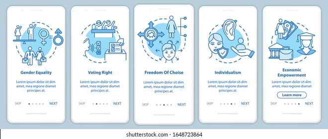 Pantalla de aplicación móvil de igualdad de género con conceptos. Caminata de empoderamiento político, social y económico de 5 pasos de instrucciones gráficas. Plantilla vectorial de interfaz de usuario con ilustraciones de color RGB