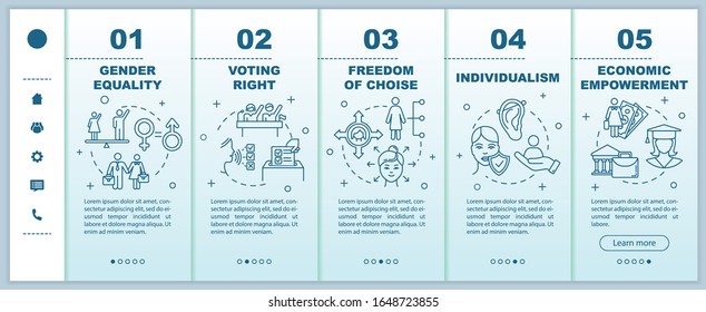 Gender equality onboarding vector template. Voting right, economic empowerment, freedom of choice. Responsive mobile website with icons. Webpage walkthrough step screens. RGB color concept