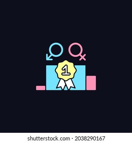 Gender equality RGB color icon for dark theme. Enjoy equal rewards. Gender-balanced participation. Isolated vector illustration on night mode background. Simple filled line drawing on black