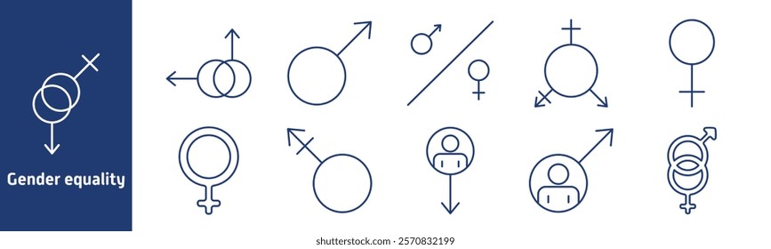 Gender equality set icon. Male and female symbols, interlinked circles, arrows, gender ratio, equality, user profiles, inclusive design, identity, rights, balance