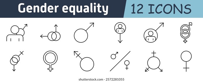 Gender equality set icon. Male and female symbols, overlapping circles, direction arrows, equality signs, gender inclusivity, balance, diversity, empowerment, fairness, social justice