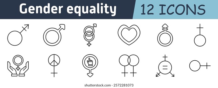 Gender equality set icon. Male and female symbols, inclusivity, love, empowerment, diversity, feminism, peace, rights, social justice, fairness, representation, equality sign, unity, awareness