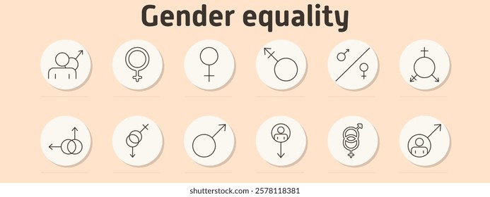 Gender equality set icon. Male and female, female symbol, male symbol, transgender, equality line, combined arrows, equality, inclusive, gender symbol, person with gender mark, community, identity