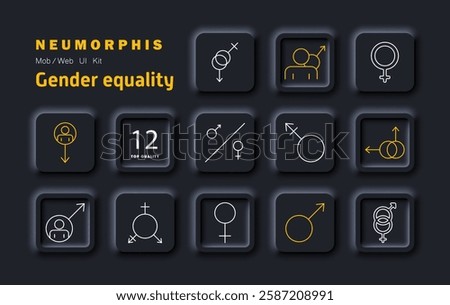 Gender equality set icon. Gender rights, social justice, inclusivity, balance, equality movement, feminism, awareness, representation, respect, empowerment