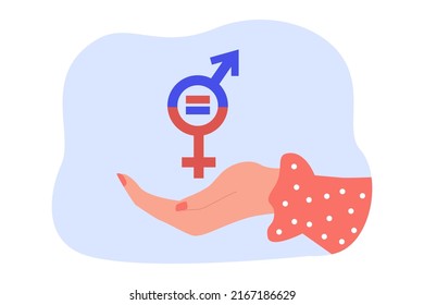 Gender equality sign on hand flat vector illustration. Human right, balance, feminism, diversity, freedom, respect concept for banner, website design or landing web page