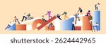 Gender equality, teamwork concept. People climb to the top of geometric shapes together, lend a hand. Team of men, women helps to overcome difficulties, support each other. Flat vector illustration