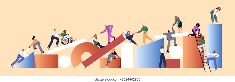 Gender equality, teamwork concept. People climb to the top of geometric shapes together, lend a hand. Team of men, women helps to overcome difficulties, support each other. Flat vector illustration