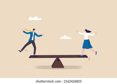 Gender Equality, Treat Female And Male Equally, Diversity Or Balance, Fairness And Justice Concept, Businessman And Businesswoman Balancing On Equal Seesaw.