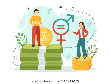 Ilustración de vectores de igualdad de género con personajes masculinos y femeninos en las escalas que muestran igualdad de oportunidades en modelos dibujados a mano