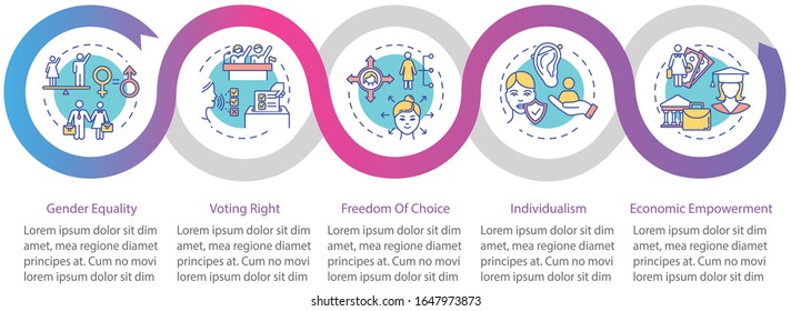 Gender equality vector infographic template. Voting right, freedom of choice presentation design elements. Data visualization with 5 steps. Process timeline chart. Workflow layout with linear icons