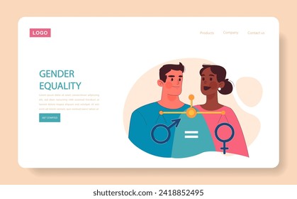 Web o aterrizaje sobre igualdad de género. Representación equilibrada y derechos entre géneros. Justicia social e igualdad de oportunidades. Seguridad de los derechos humanos para el progreso social. Ilustración vectorial plana