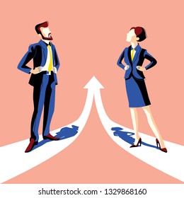 Gender equality. Woman and man look at each other. Business people stand on the white arrow in one direction. Symbol fairness and justice and emancipation. Vector illustration in flat style