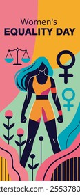 Gender equality and women empowerment. Women's day. Vector flat illustration strong woman, feminism. Woman on bright abstract background. For social media, posters, advertising