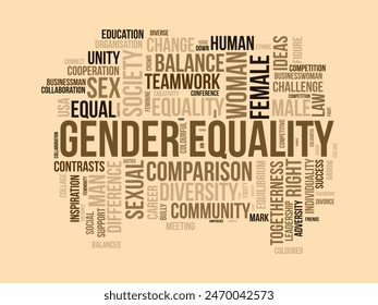 Gender equality word cloud template. Gender justice concept vector tagcloud background.
