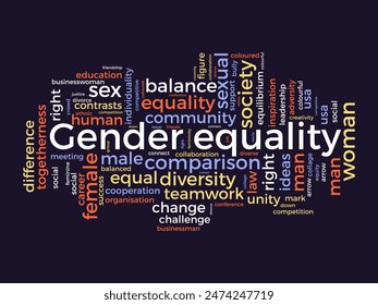 Gender equality word cloud template. Gender justice concept vector tagcloud background.