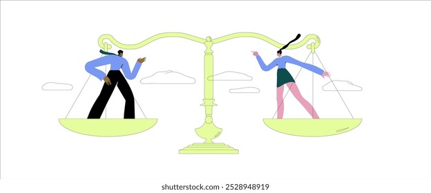 Gender equality, workplace fairness, justice or law, diversity corporate employee, comparison or balance scales, equilibrium concept, businessman and businesswoman colleagues on balance equal scales.