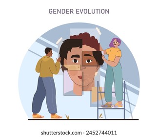 Gender Evolution Konzept. Eine Darstellung von Individuen, die ein Mosaik der Geschlechtsidentität zusammenfügen und so die persönliche und gesellschaftliche Transformation symbolisieren.