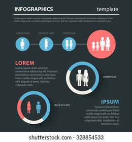 Gender Family Social Flat Style Thematic Infographics Concept Template. Male Female Children Data Info Graphic. Conceptual Web Site Infographic Collection.