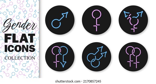 Gender flat icons collection. Blue and pink hearts on black background. Best for mobile apps, social media, highlights and web design.