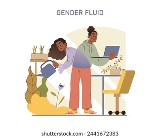 Gender Fluid concept. A serene scene depicting the nurturing of growth and the embrace of gender fluidity in a tranquil domestic space.