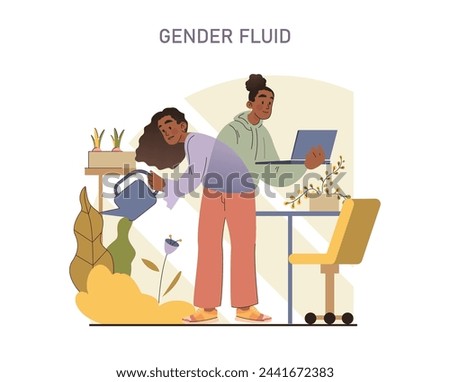 Gender Fluid concept. A serene scene depicting the nurturing of growth and the embrace of gender fluidity in a tranquil domestic space.