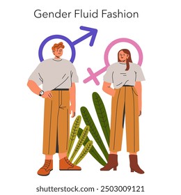 Gender Fluid Fashion concept. Two figures showcasing unisex clothing, breaking traditional gender norms in style. Inclusivity and diversity in modern apparel. Vector illustration.