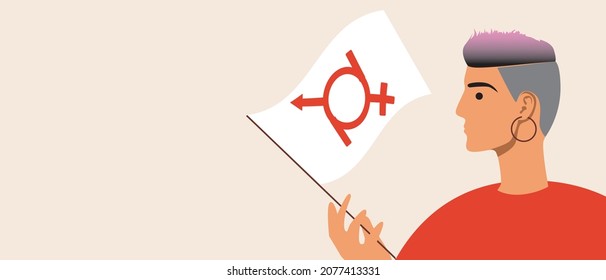 Gender fluid person with flag, copy space template. Flat vector stock illustration. Non-binary person with place for text. Freedom and tolerance of a gender-fluid person. Overlay template