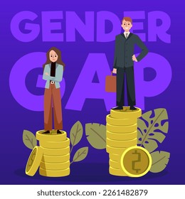 Gender gap abstract poster with man and woman have unequal wage, flat vector illustration. Concept of discrimination against women at workplace. Female person earns less coins than male.