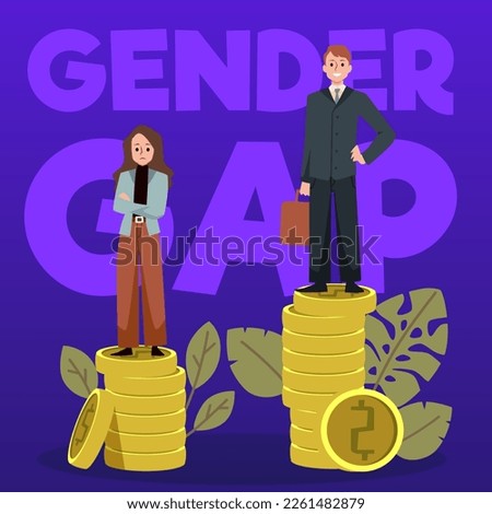 Gender gap abstract poster with man and woman have unequal wage, flat vector illustration. Concept of discrimination against women at workplace. Female person earns less coins than male.