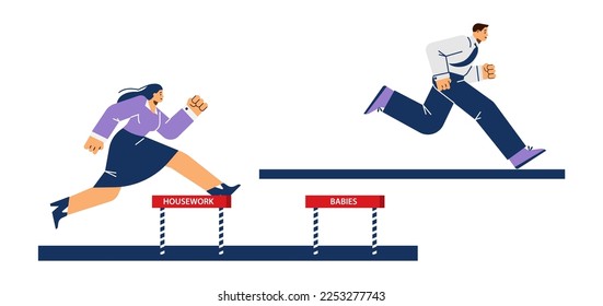 Gender gap and discrimination against women in the workplace, flat vector illustration isolated on white background. Woman overcomes obstacles in work competition with man.