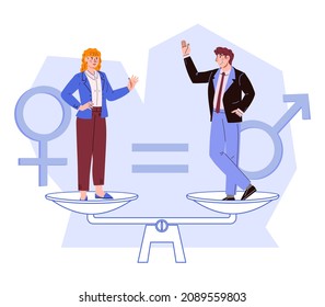 Gender Gap And Equality, Equal Income And Career Opportunities For Men And Women Concept. Human And Women Rights, Cartoon Flat Vector Illustration Isolated On White Background.