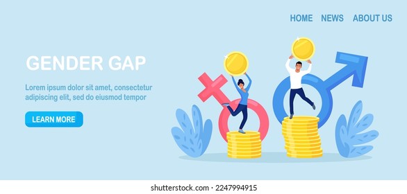 Gender gap and inequality between men and women salary, income. Businessman and businesswoman are standing on stack of money representing wages level. Gender diversification. Sexism and discrimination