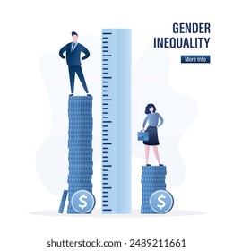 Gender gap, inequality. Large ruler measures salary and financial income of an employee. High salary and career growth for worker man. Sexism, discrimination, unhappy woman standing on low coins stack