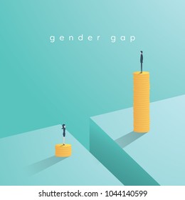 Gender gap and inequality in salary, pay vector concept. Businessman and businesswoman on piles of coins. Symbol of discrimination, difference, injustice. Eps10 vector illustration.