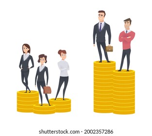 Gender gap inequality. Woman man salary gaps. Difference wage. Business people stand on golden coin stacks vector illustration