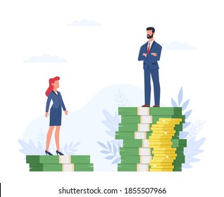 Gender gap. Man and woman standing on different heights dollar bills stack, inequality in salary, different opportunities in company, injustice sexism and female discrimination vector flat concept