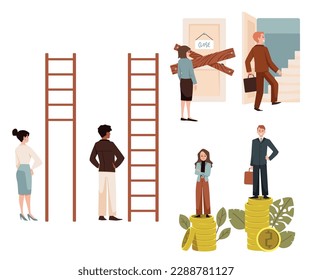 Gender gap and social inequality abstract drawing, flat vector illustration isolated on white background. Problem of discrimination of women at workplace. Unequal wage and opportunities.