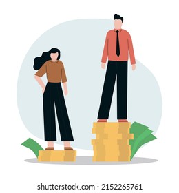 Gender gap and wage inequality salary. Businessman and businesswoman standing on different heights dollar bills stack. Female discrimination, difference and injustice sexism. Flat vector illustration