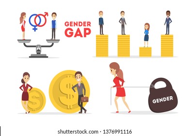 Gender gap web banner concept set. Idea of different salary for man and woman. Women rights discrimination and injustice. Issues with gender equality. Isolated flat vector illustration