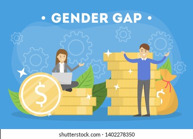 Gender gap web banner concept. Idea of different salary for man and woman. Women rights discrimination and injustice. Issues with gender equality. Isolated flat vector illustration