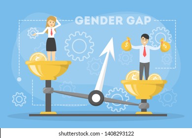 Gender gap web banner concept. Idea of different salary for man and woman. Women rights discrimination and injustice. Issues with gender equality. People on scales. Isolated flat vector illustration