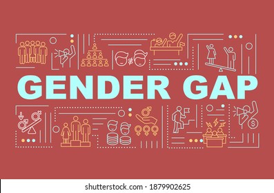 Gender gap in workplace word concepts banner. Man and woman inequality. Infographics with linear icons on red background. Isolated typography. Vector outline RGB color illustration