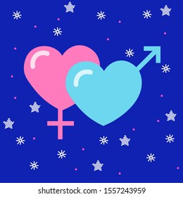 Gender heart symbols. Glowing hearts with gender symbols on blue background. Vector illustration can be decoration, love, relationships - Vector