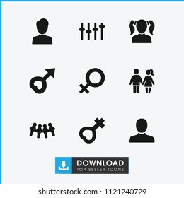 Gender icon. collection of 9 gender filled icons such as man, children, female, equalizer, girl, couple. editable gender icons for web and mobile.